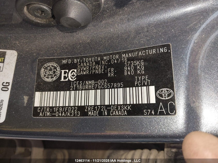 2T1BURHE7GC657895 2016 TOYOTA COROLLA photo no. 9