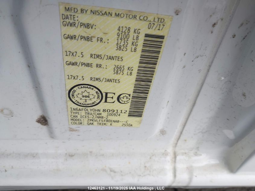 2017 Nissan Nv Cargo Nv2500 Hd S V8/Sv V8 VIN: 1N6AF0LY0HN809112 Lot: 12463121