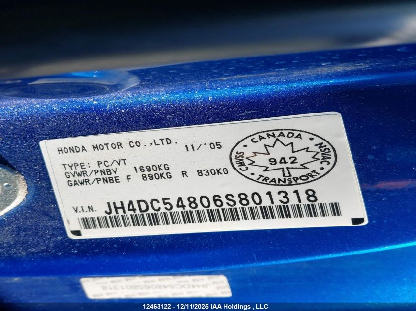 2006 Acura Rsx VIN: JH4DC54806S801318 Lot: 12463122