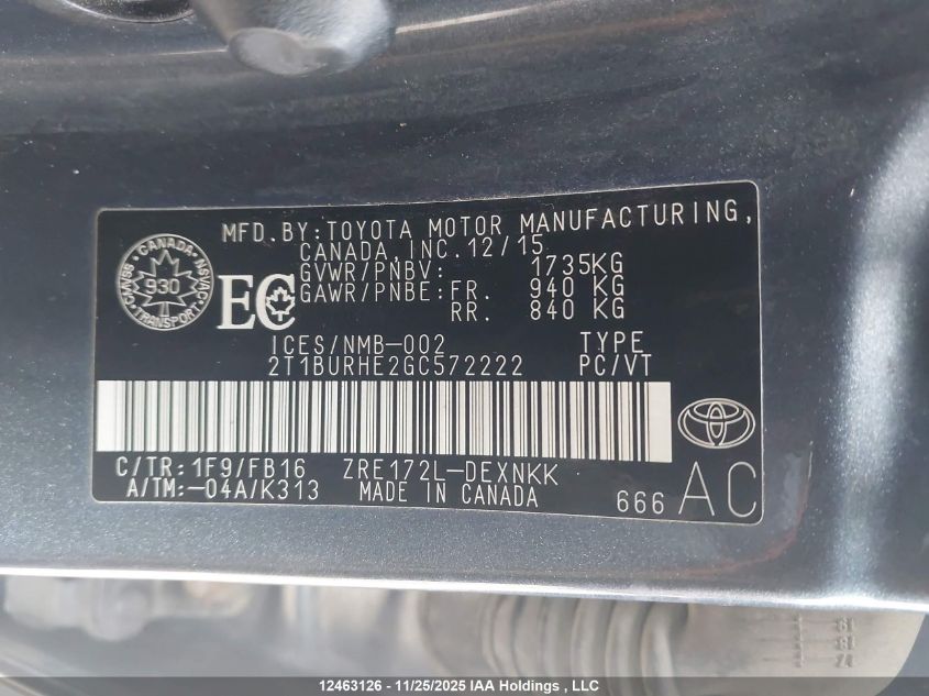 2016 Toyota Corolla Le VIN: 2T1BURHE2GC572222 Lot: 12463126