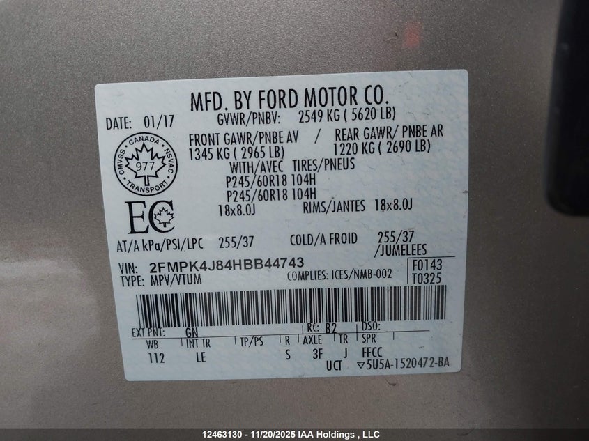 2FMPK4J84HBB44743 2017 FORD EDGE photo no. 19