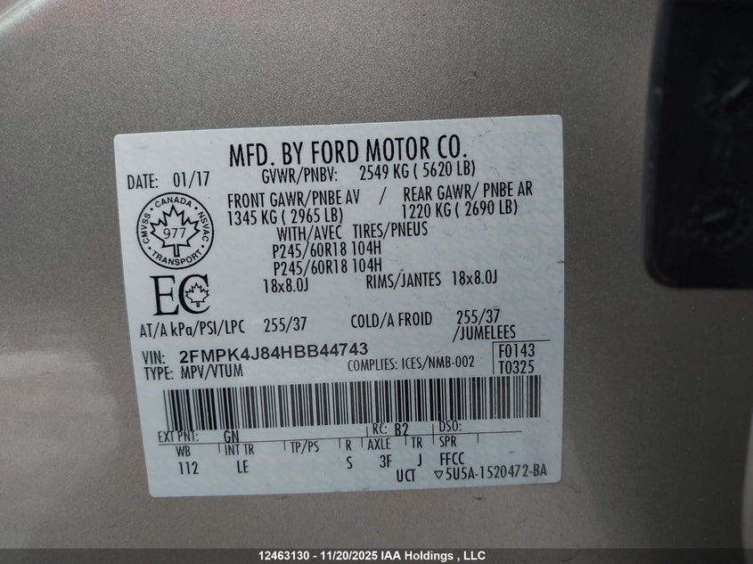2FMPK4J84HBB44743 2017 FORD EDGE photo no. 9