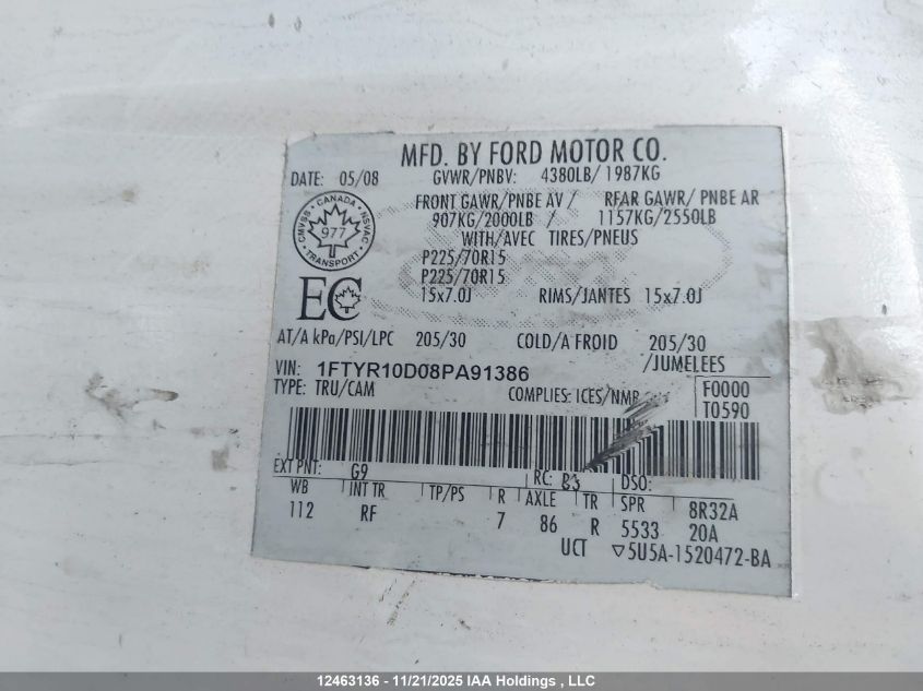 2008 Ford Ranger Xl VIN: 1FTYR10D08PA91386 Lot: 12463136