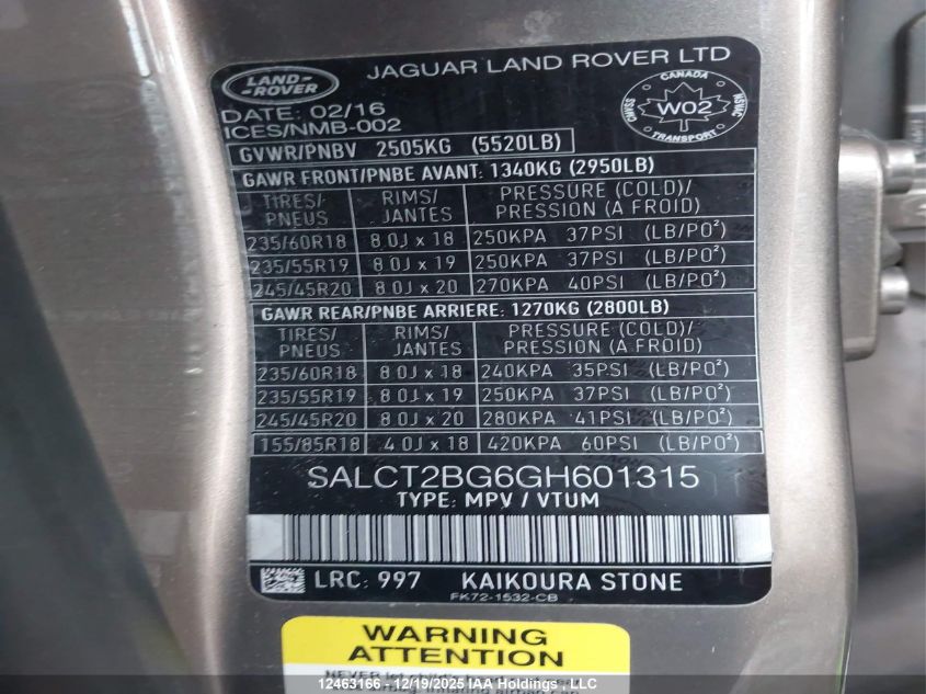 2016 Land Rover Discovery Sport Hse Luxury VIN: SALCT2BG6GH601315 Lot: 12463166