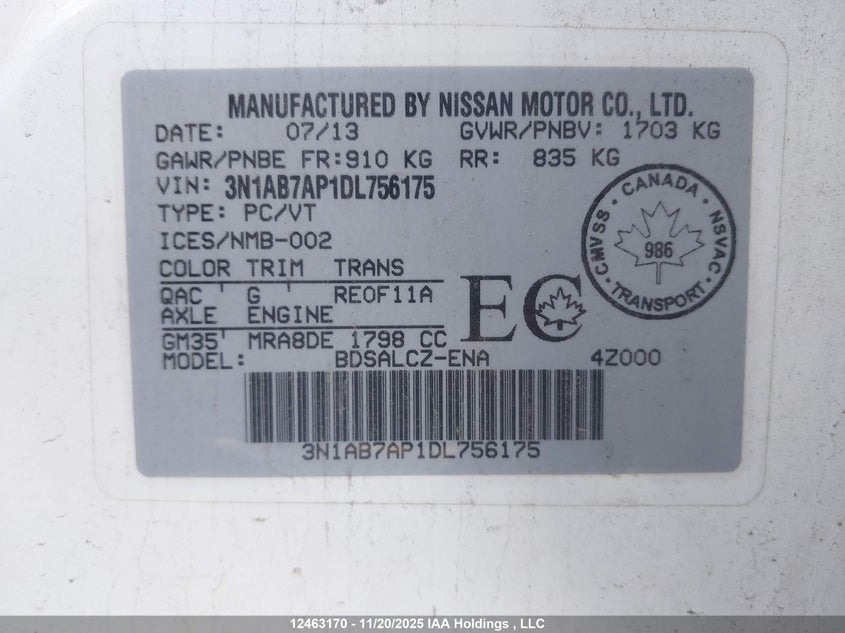 3N1AB7AP1DL756175 2013 NISSAN SENTRA photo no. 9