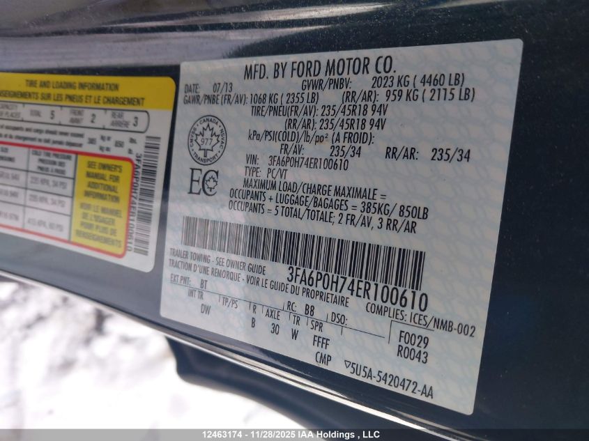 2014 Ford Fusion Se VIN: 3FA6P0H74ER100610 Lot: 12463174