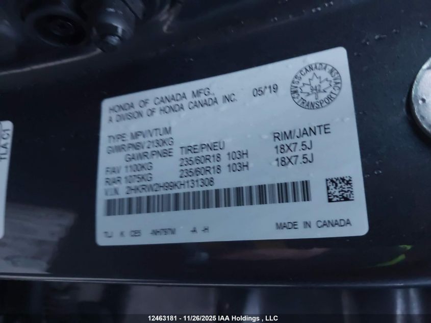 2019 Honda Cr-V Touring VIN: 2HKRW2H99KH131308 Lot: 12463181