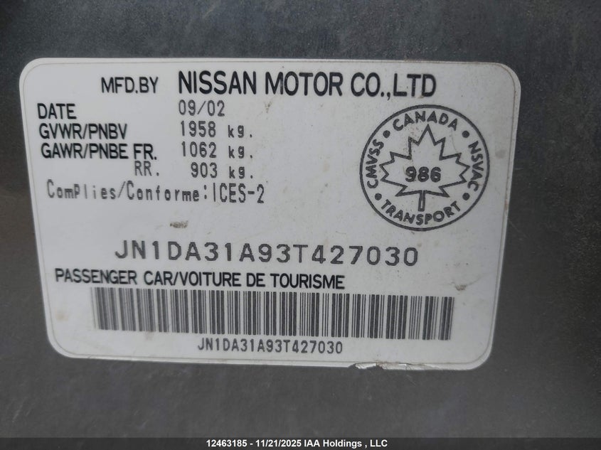 JN1DA31A93T427030 2003 NISSAN MAXIMA photo no. 9