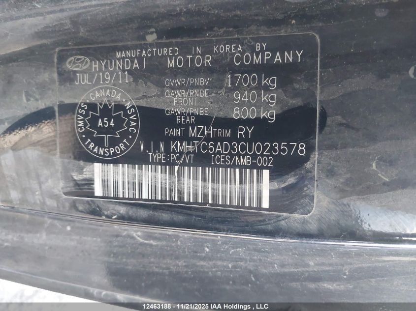 2012 Hyundai Veloster Tech VIN: KMHTC6AD3CU023578 Lot: 12463188