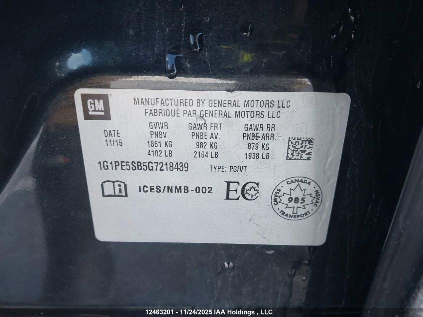 2016 Chevrolet Cruze VIN: 1G1PE5SB5G7218439 Lot: 12463201