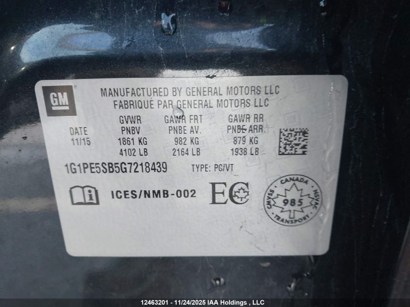 2016 Chevrolet Cruze VIN: 1G1PE5SB5G7218439 Lot: 12463201