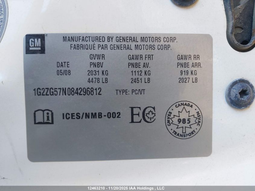 2008 Pontiac G6 Se VIN: 1G2ZG57N084296812 Lot: 12463210