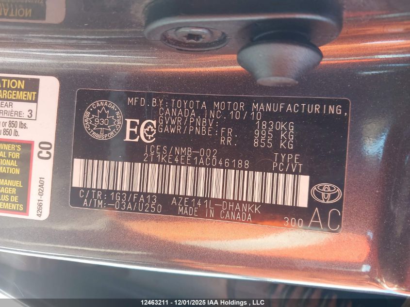 2010 Toyota Matrix Xr VIN: 2T1KE4EE1AC046188 Lot: 12463211