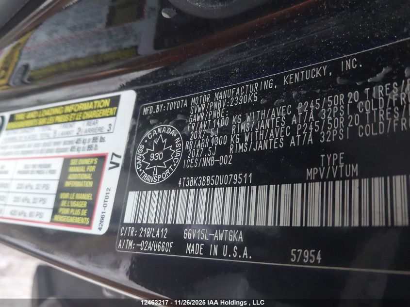 2013 Toyota Venza Base V6 VIN: 4T3BK3BB5DU079511 Lot: 12463217