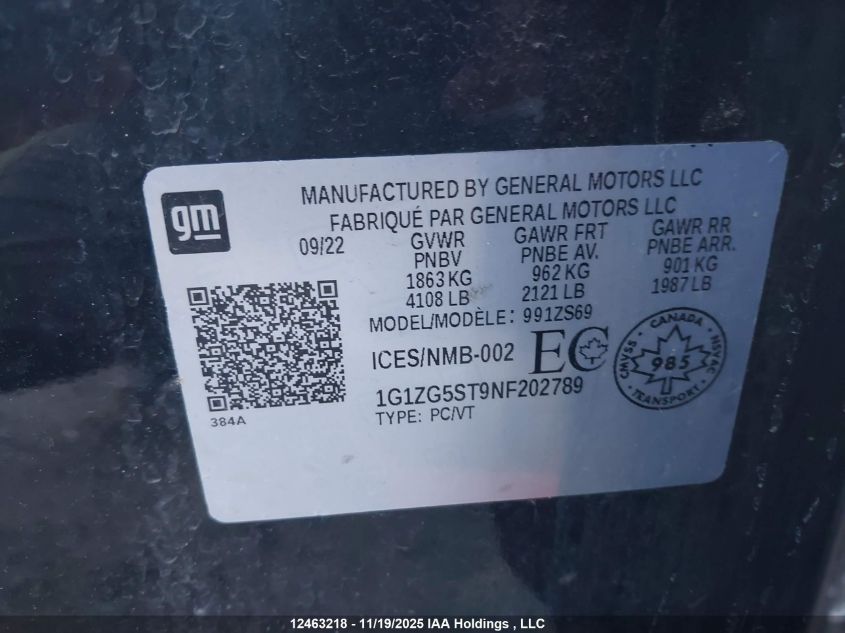 2022 Chevrolet Malibu Rs VIN: 1G1ZG5ST9NF202789 Lot: 12463218