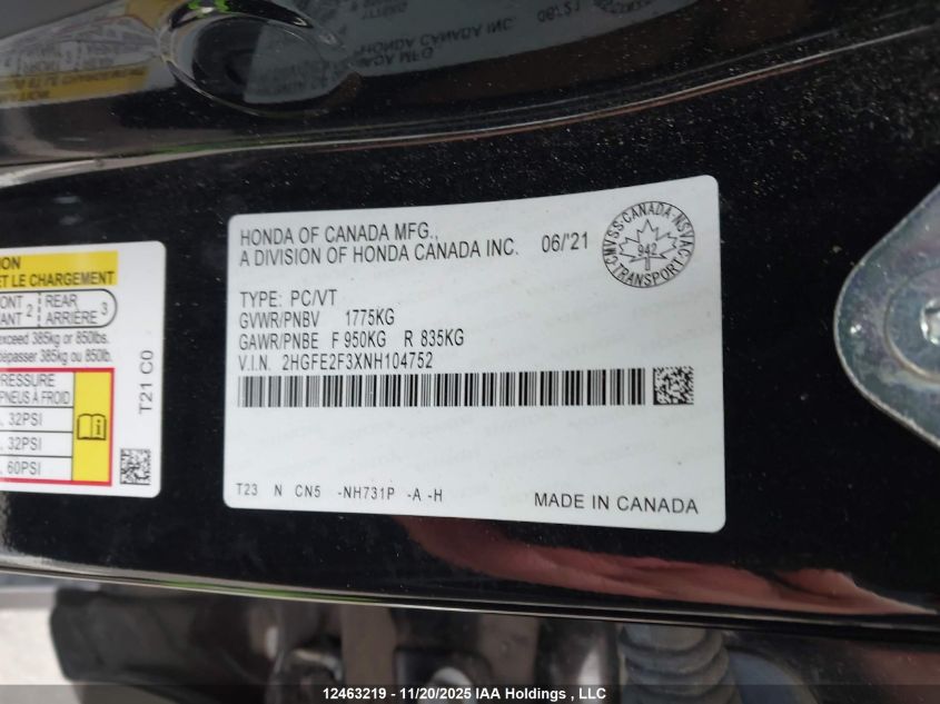 2022 Honda Civic VIN: 2HGFE2F3XNH104752 Lot: 12463219