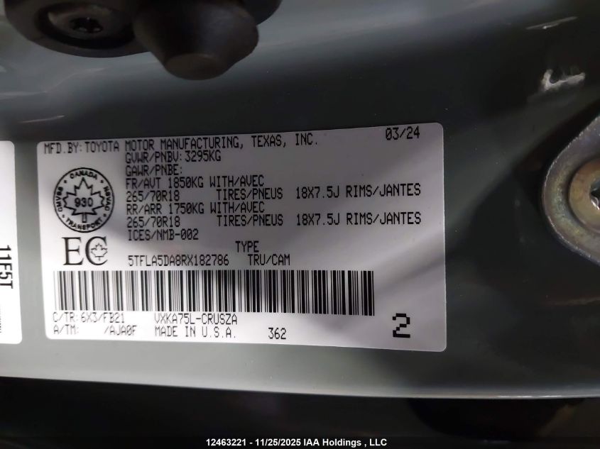 2024 Toyota Tundra Double Cab Sr/Double Cab Sr5 VIN: 5TFLA5DA8RX182786 Lot: 12463221