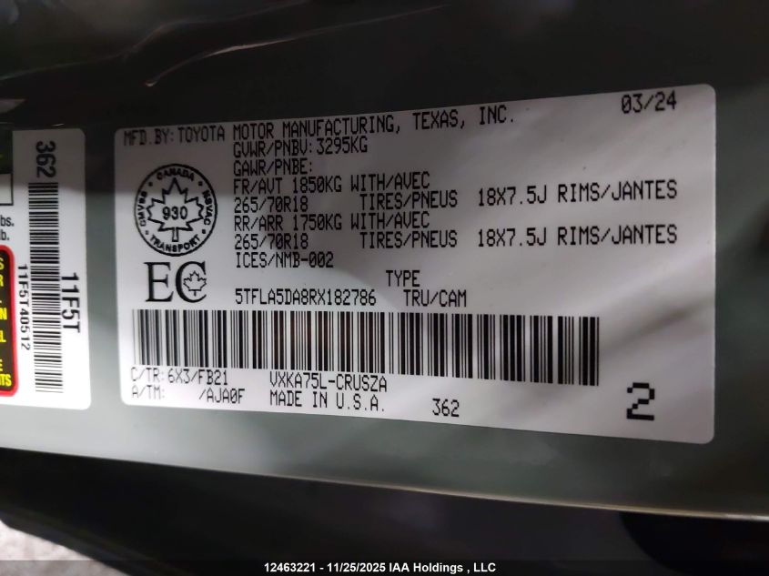 2024 Toyota Tundra Double Cab Sr/Double Cab Sr5 VIN: 5TFLA5DA8RX182786 Lot: 12463221