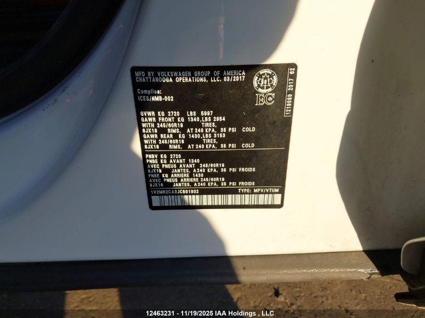 2018 Volkswagen Atlas Sel VIN: 1V2MR2CA2JC501932 Lot: 12463231