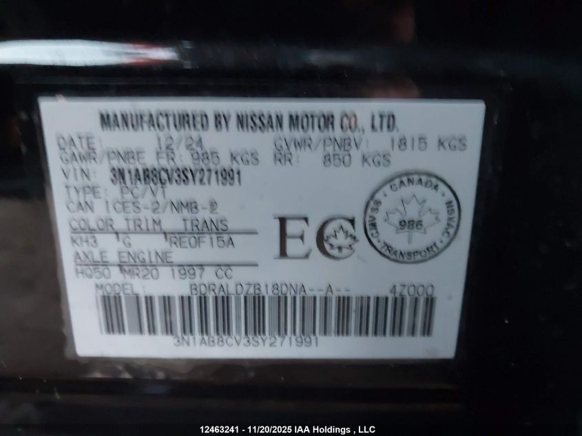 2025 Nissan Sentra Sv VIN: 3N1AB8CV3SY271991 Lot: 12463241