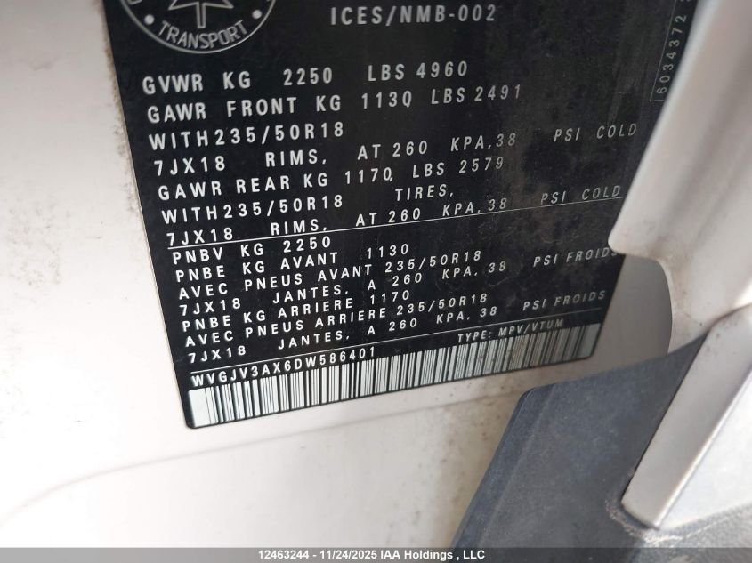 2013 Volkswagen Tiguan 2.0 Tsi Comfortline/2.0 Tsi Highline/2.0 Tsi Trendline VIN: WVGJV3AX6DW586401 Lot: 12463244