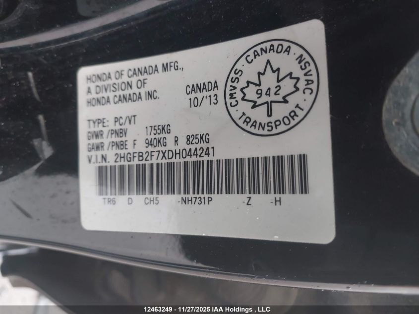 2013 Honda Civic Touring VIN: 2HGFB2F7XDH044241 Lot: 12463249