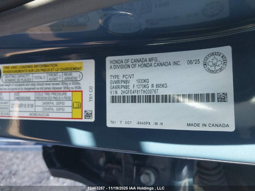 2026 Honda Civic Hybrid Sport/Sport Touring VIN: 2HGFE4F81TH000767 Lot: 12463257