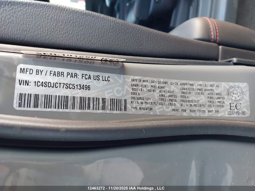 2025 Dodge Durango R/T VIN: 1C4SDJCT7SC513496 Lot: 12463272