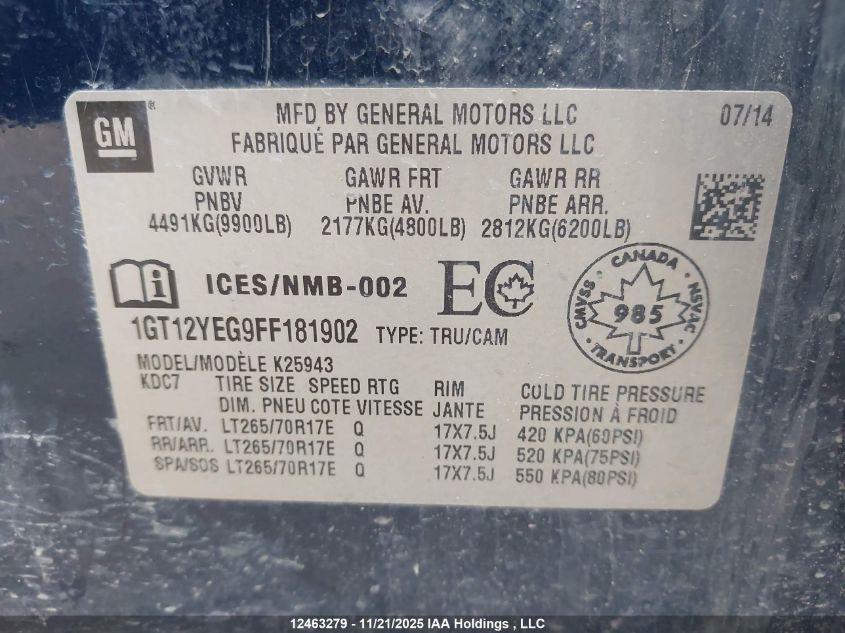 2015 GMC Sierra K2500 Sle VIN: 1GT12YEG9FF181902 Lot: 12463279