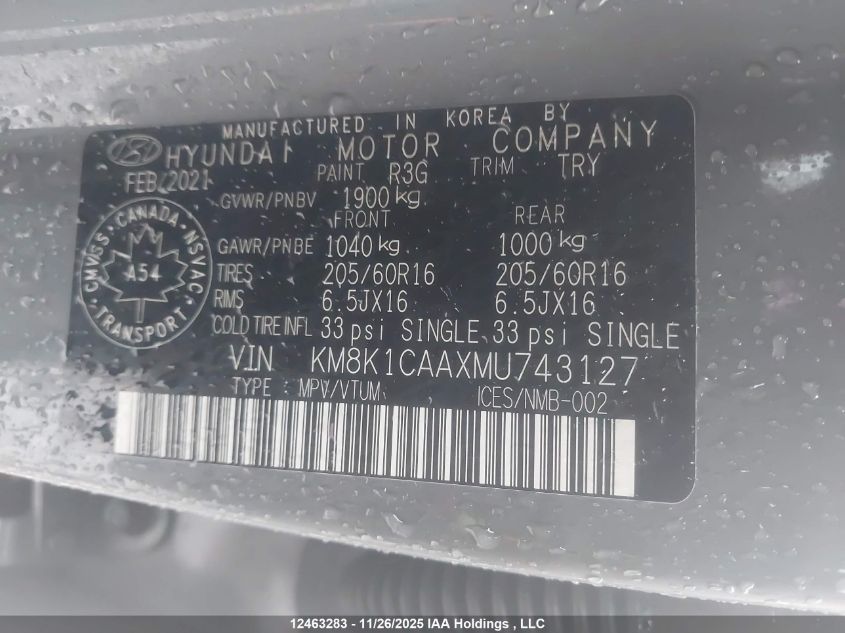 2021 Hyundai Kona Se VIN: KM8K1CAAXMU743127 Lot: 12463283