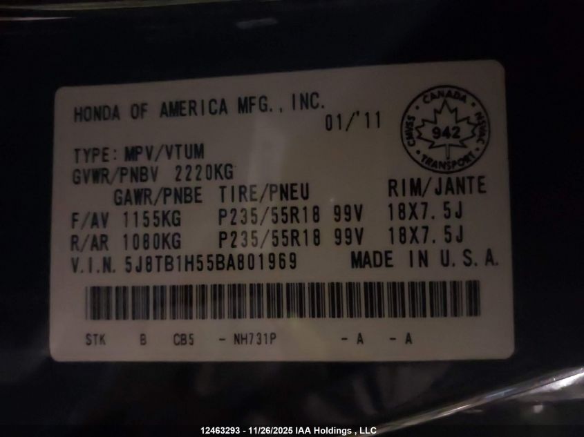 2011 Acura Rdx VIN: 5J8TB1H55BA801969 Lot: 12463293