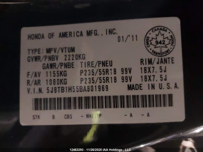 2011 Acura Rdx VIN: 5J8TB1H55BA801969 Lot: 12463293