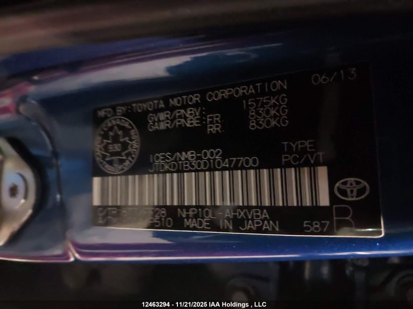 2013 Toyota Prius C VIN: JTDKDTB30D1047700 Lot: 12463294