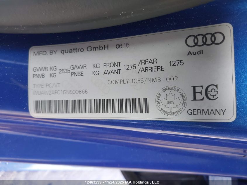 2016 Audi Rs 7 4.0T VIN: WUAW2AFC1GN900868 Lot: 12463299