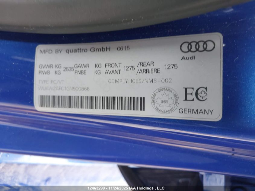 2016 Audi Rs 7 4.0T VIN: WUAW2AFC1GN900868 Lot: 12463299