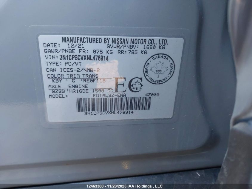 2022 Nissan Kicks Sv VIN: 3N1CP5CVXNL476914 Lot: 12463300