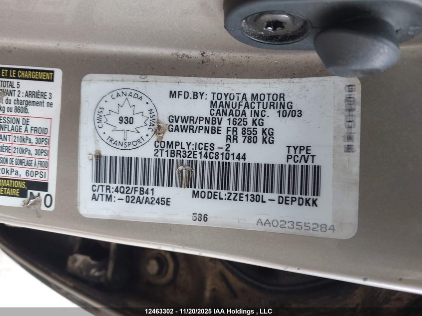 2T1BR32E14C810144 2004 TOYOTA COROLLA photo no. 9