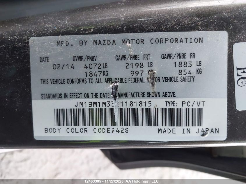 2014 Mazda 3 Grand Touring VIN: JM1BM1M33E1181815 Lot: 12463305
