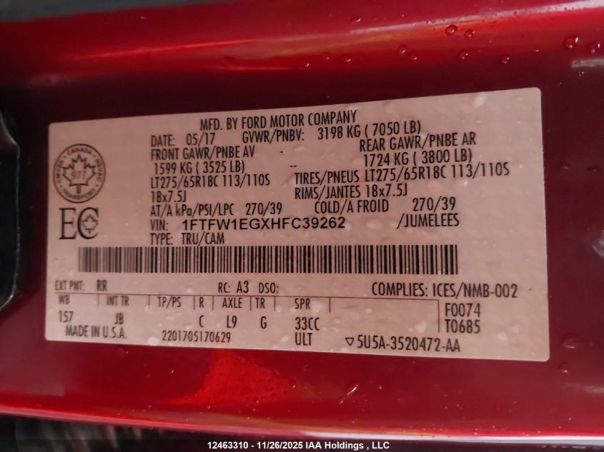 2017 Ford F-150 Xlt VIN: 1FTFW1EGXHFC39262 Lot: 12463310