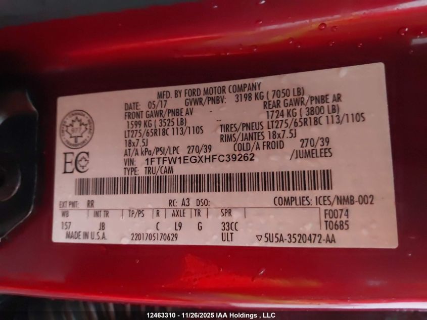 2017 Ford F-150 Xlt VIN: 1FTFW1EGXHFC39262 Lot: 12463310