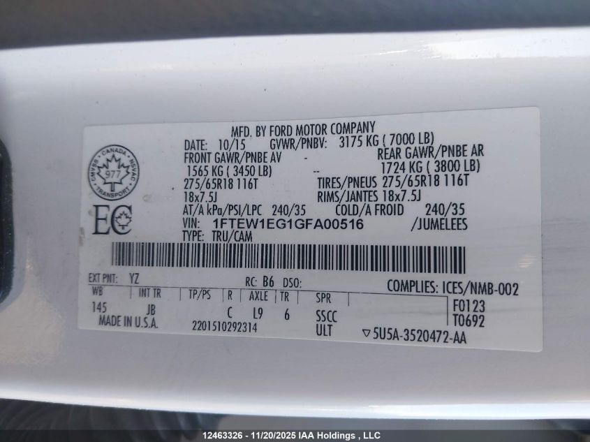 2016 Ford F-150 Xlt VIN: 1FTEW1EG1GFA00516 Lot: 12463326