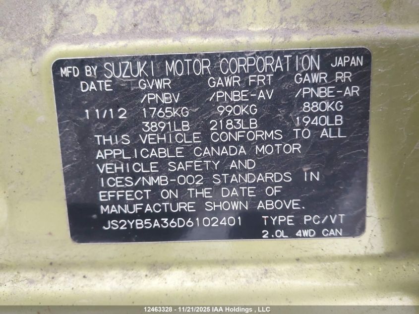 2013 Suzuki Sx4 VIN: JS2YB5A36D6102401 Lot: 12463328