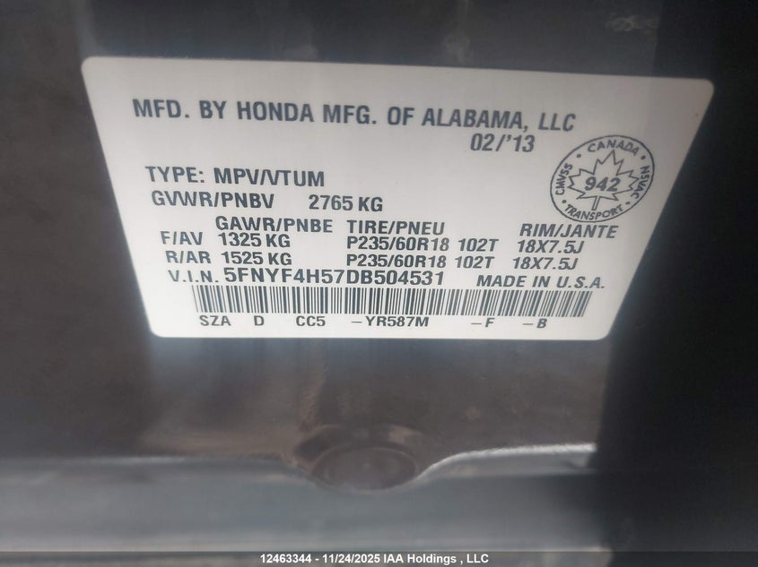 5FNYF4H57DB504531 2013 HONDA PILOT photo no. 9