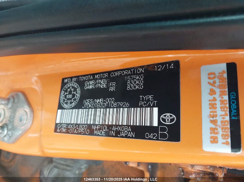 2015 Toyota Prius C Technology VIN: JTDKDTB32F1087926 Lot: 12463353