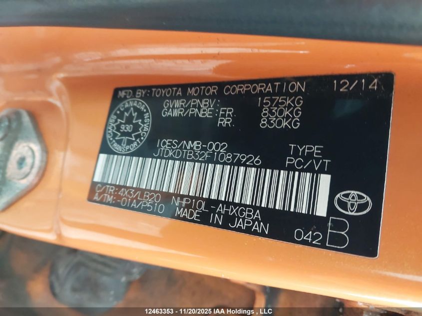 2015 Toyota Prius C Technology VIN: JTDKDTB32F1087926 Lot: 12463353