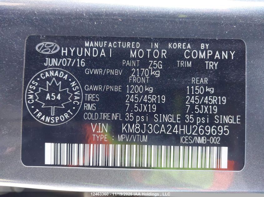 2017 Hyundai Tucson Limited/Sport And Eco/Se VIN: KM8J3CA24HU269695 Lot: 12463360