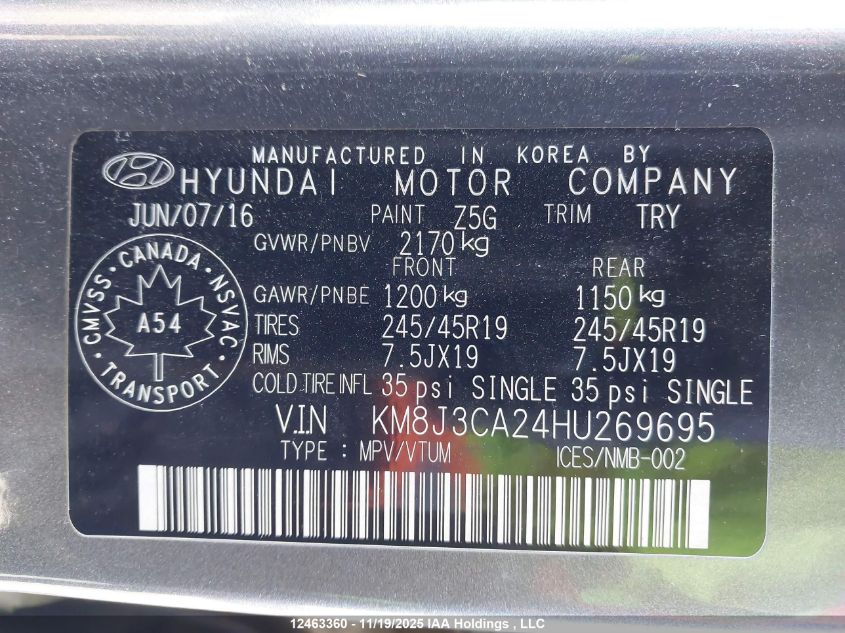 2017 Hyundai Tucson Limited/Sport And Eco/Se VIN: KM8J3CA24HU269695 Lot: 12463360