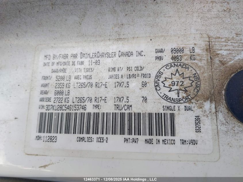 2004 Dodge Ram 2500 Slt/Laramie VIN: 3D7KU28C54G153746 Lot: 12463371