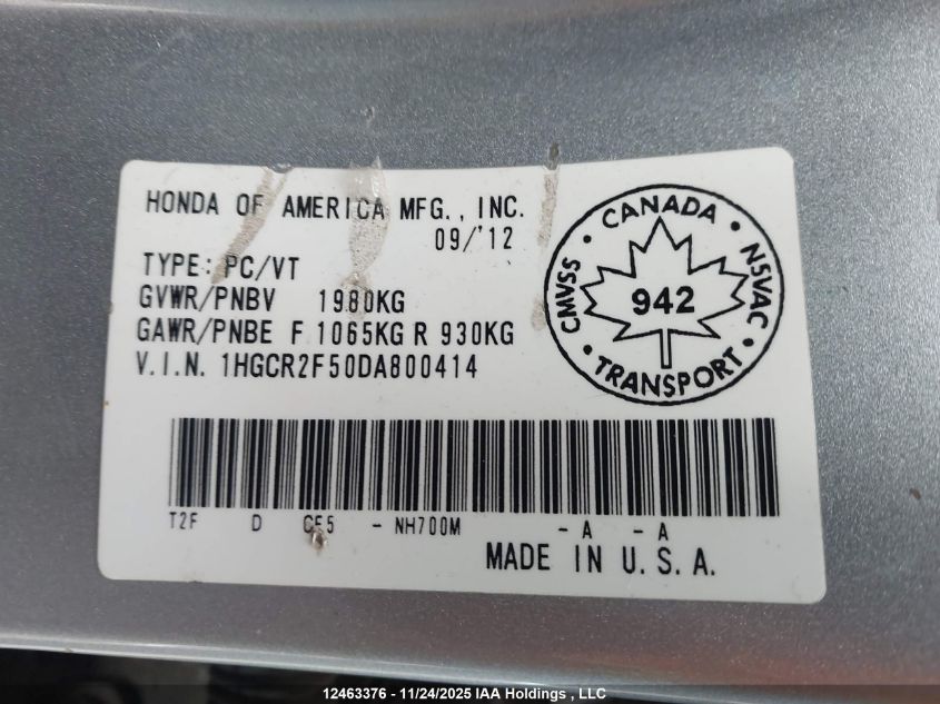 2013 Honda Accord VIN: 1HGCR2F50DA800414 Lot: 12463376