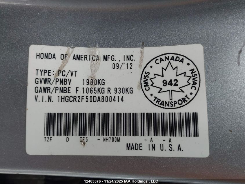 2013 Honda Accord VIN: 1HGCR2F50DA800414 Lot: 12463376